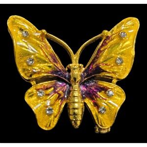 Vintage Butterfly Trinket Pill Box Gold Tone Enamel Rhinestone Hinged